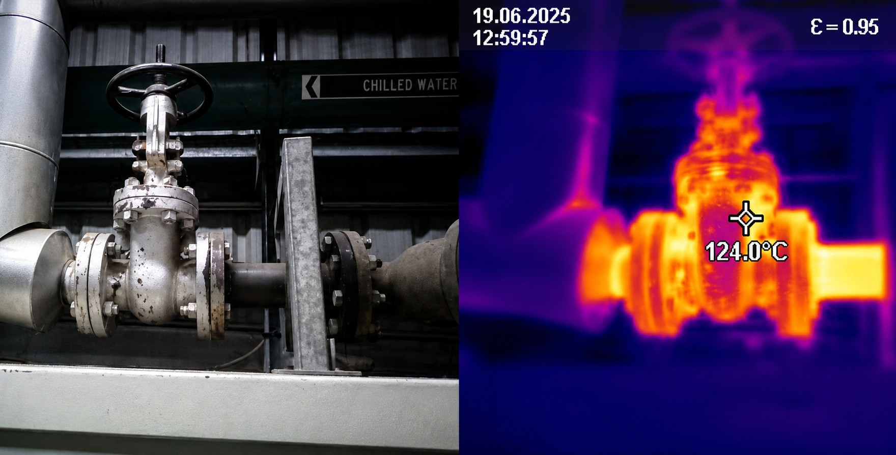 Side-by-side photo and thermal image of an uninsulated chilled water valve at 124°C